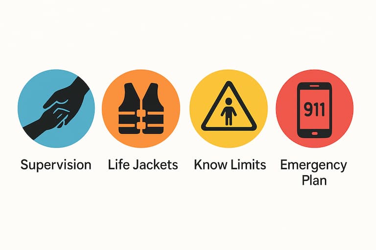 water safety activities for kids: supervision, life jackets, know limits, emergency plan