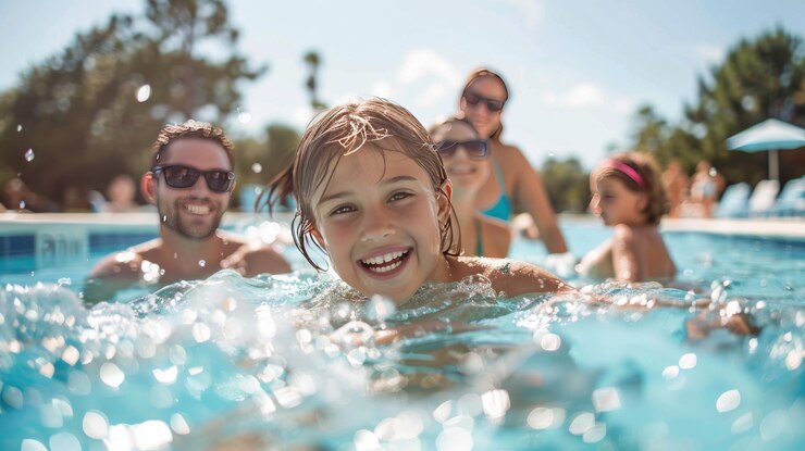 swimming pool activities for kids, smiling child learning with support